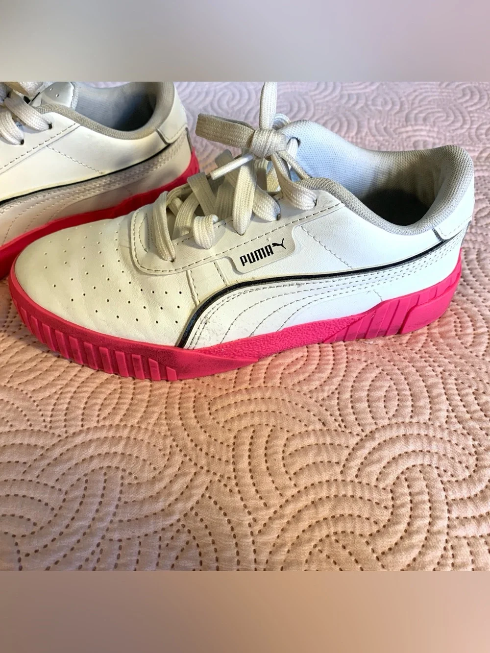 Puma White Sneakers with Hot Pink Platform Sole - Kids Size 3